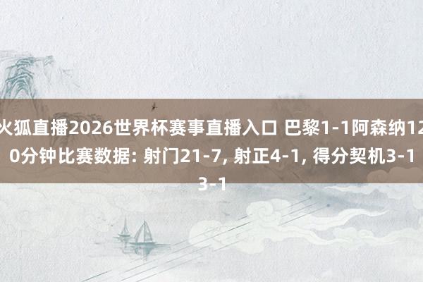 火狐直播2026世界杯赛事直播入口 巴黎1-1阿森纳120分钟比赛数据: 射门21-7, 射正4-1, 得分契机3-1